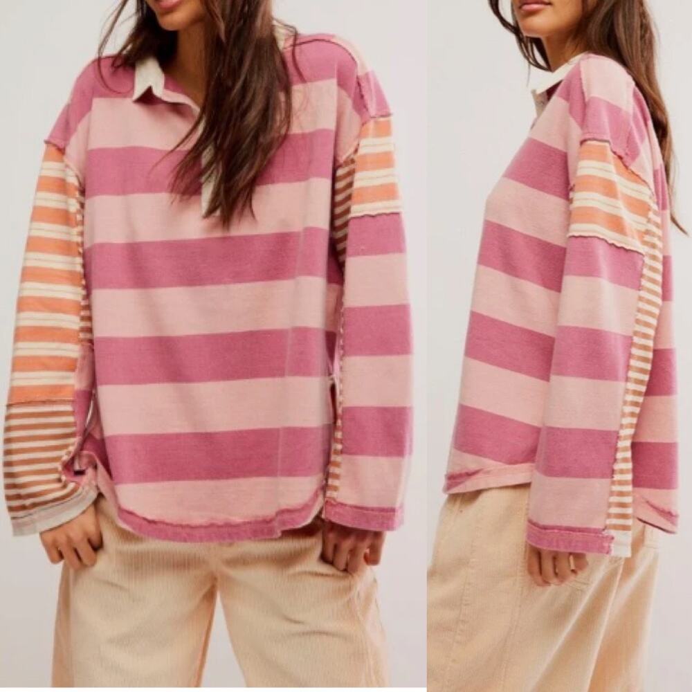 Striped Pink Rugby Shirt - Women's Long Sleeve Top